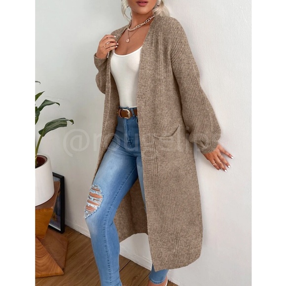 Brown Duster Cardigan Front Pockets Cable Knit Long Sleeve Midi Length - Picture 3 of 8